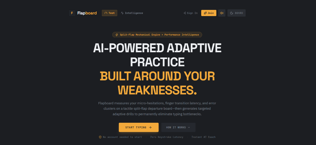Flapboard AI-powered adaptive typing practice platform screenshot