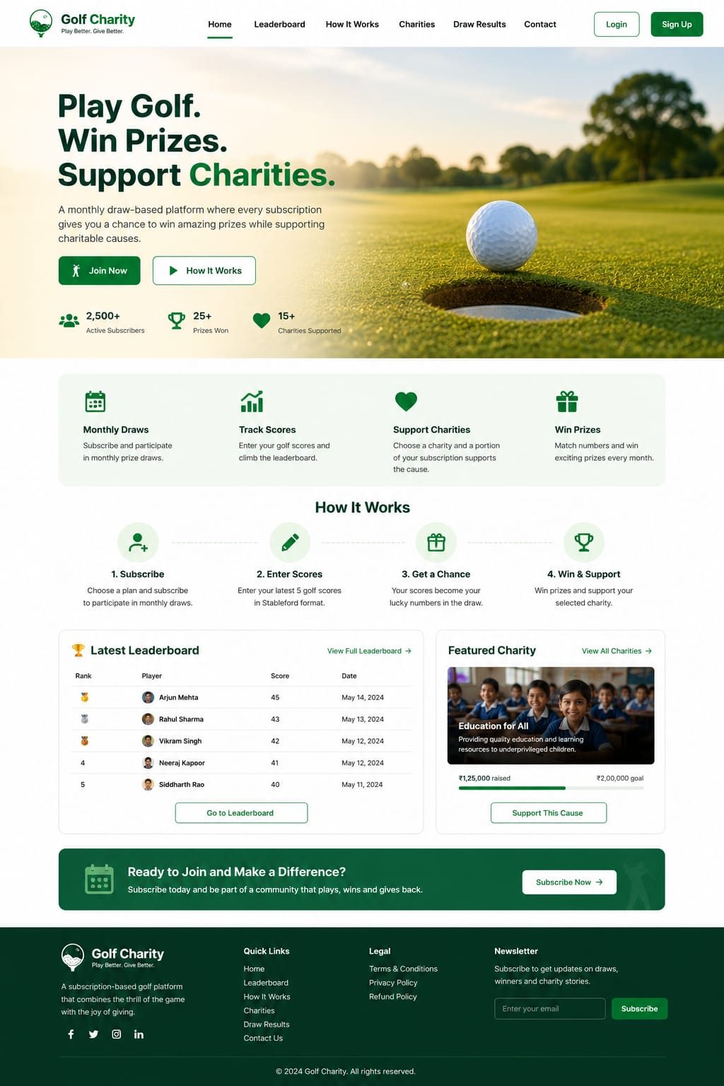 Golf Charity Platform landing page screenshot
