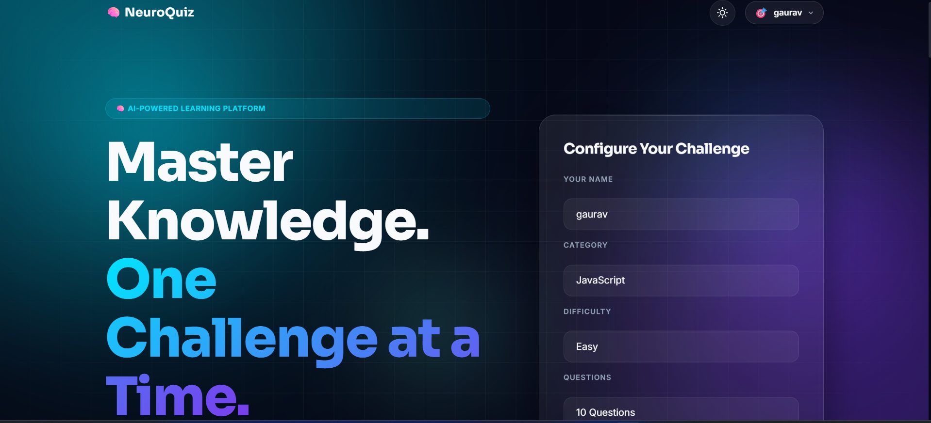 NeuroQuiz interactive quiz platform screenshot
